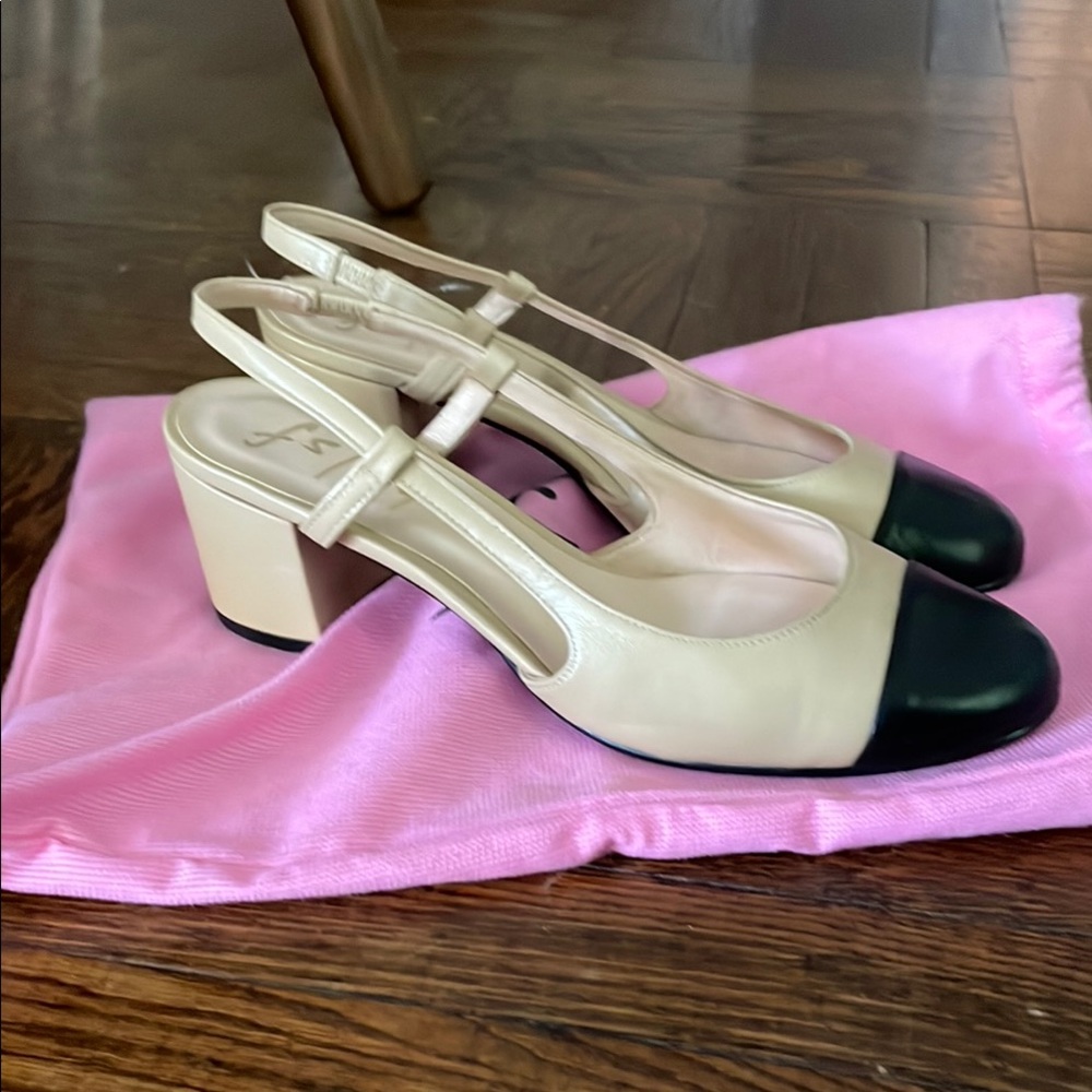 French Sole Cream and Black Slingback Heels
